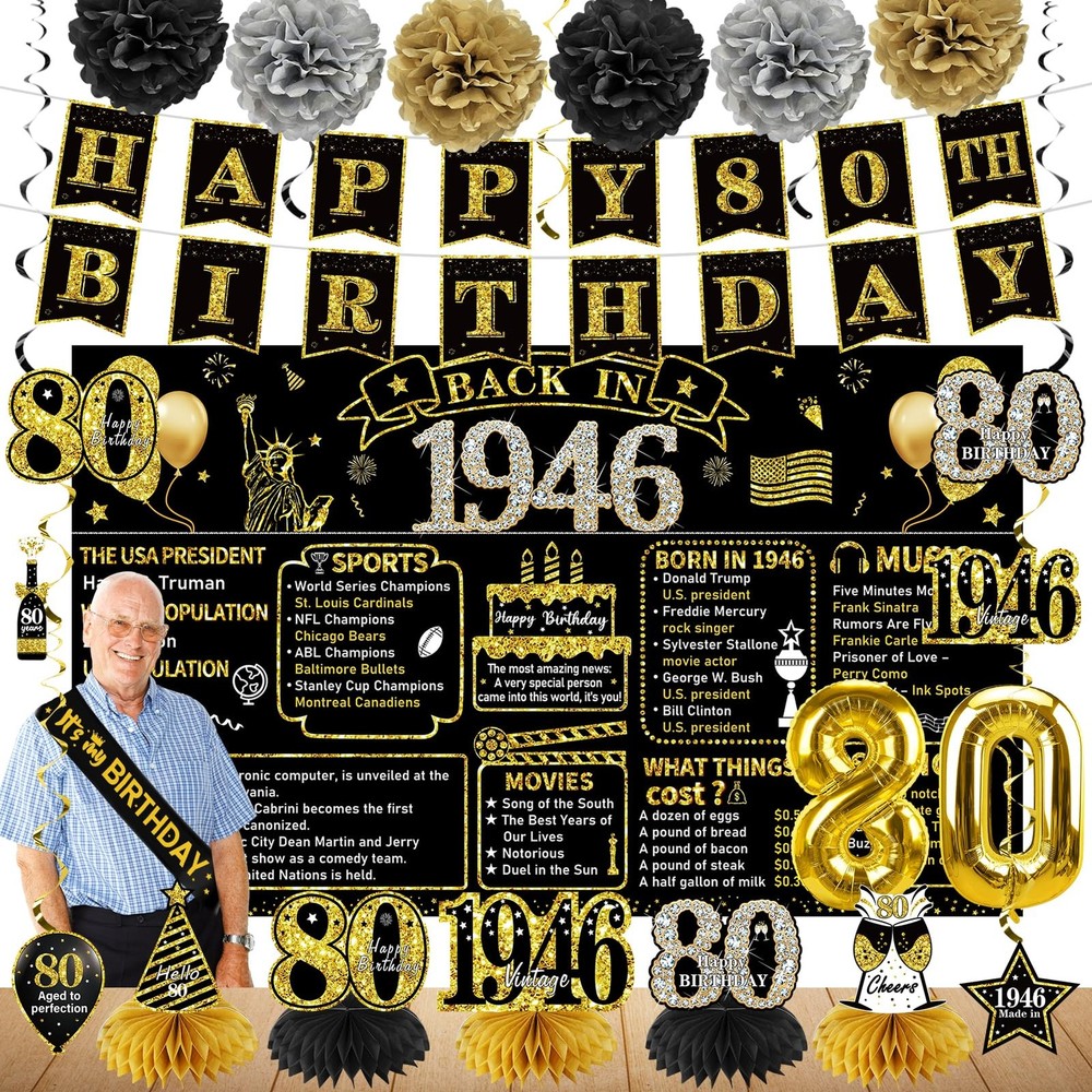 80th Birthday Decorations for Men Women, 21pcs the Year 1946 Banner Balloon P…
