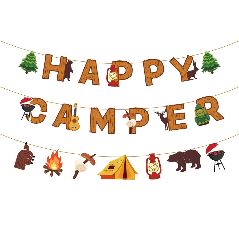 Camping Party Banner Happy Camper Fun House with Multicolor