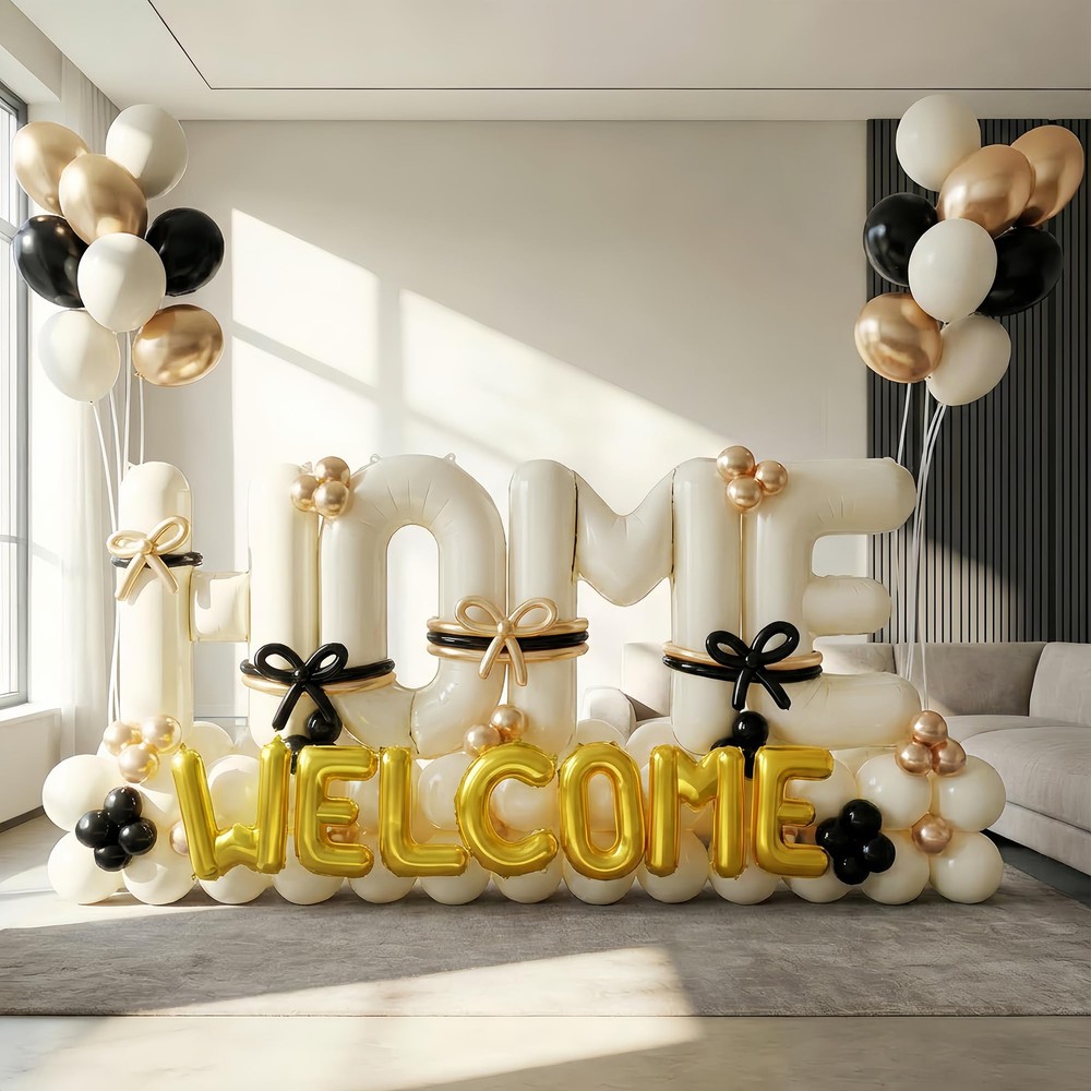 145Pcs Housewarming Party Decorations, 40Inch Beige Welcome Home Balloon Banner