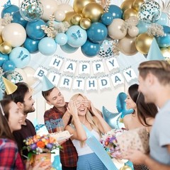 Upgraded Birthday Decorations, Happy Birthday Banner, Sash, Dusty Gold Blue