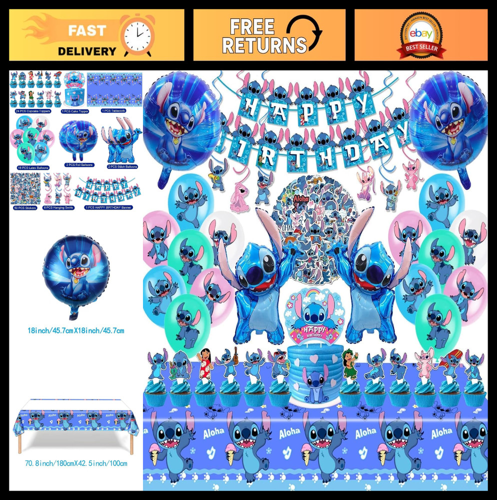 103PCS Stitch Theme Party Supplies Set – Birthday Decorations, Balloons, Banners