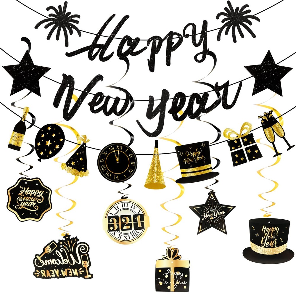 New Year Party Decorations 2026 New Years Eve Decorations Kit Black Gold Nye Dec