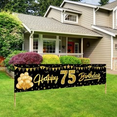 Happy 75th Birthday Banner Decorations for 73 inches by 16 inches, black gold