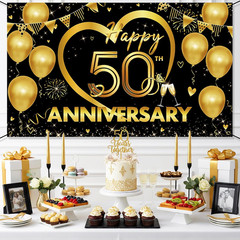 Happy 50Th Anniversary Backdrop, Black Gold Golden Anniversary Decorations, 50Th