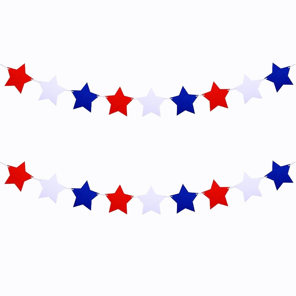 FAZHBARY 2 Pack Felt Star Garland Red White Blue Banner