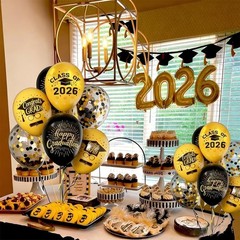 Graduation Balloons Set 50pcs 12 Inch Black Gold Includes Ribbons