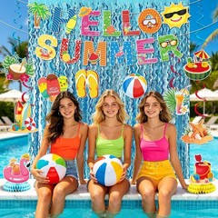 Complete Summer Party Set: Hello Summer Banner, Hanging Swirls & Foil Curtains