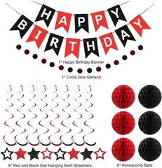 Vibrant Red & Black Birthday Decorations Set with Banner & Honeycomb Balls
