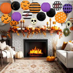 16Pcs Halloween Decorations Paper Lanterns Set | Pom Poms and Hanging Swirls for