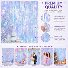 Iridescent Party Decorations Backdrop 2 Pack, Holographic Foil Fringe Curtain, S