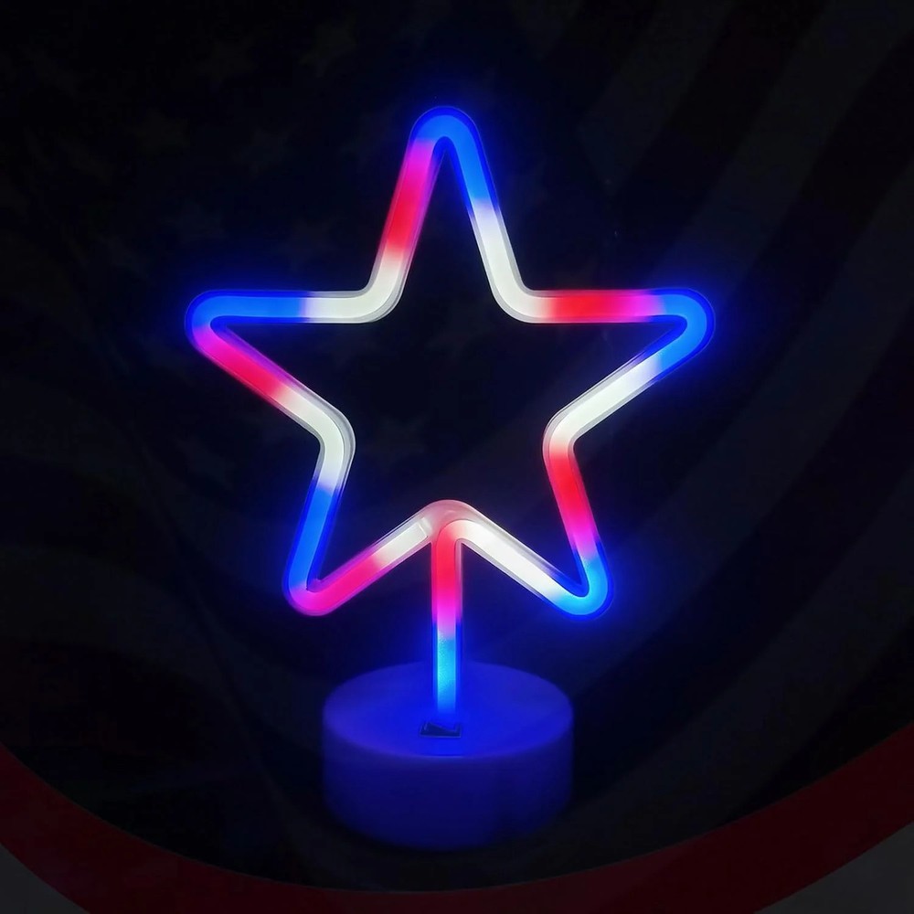 4th of July Decorations Star Neon Signs With Holder Base, Red White Blue Star Li