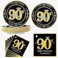 Elegant 90th Birthday Decorations, Black Gold Disposable Plates & Napkins for 30