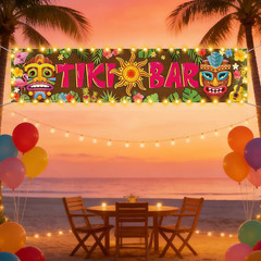 Hawaiian Tiki Party Decorations, Luau Tiki Banner Lighted Tiki Bar Sign for Summ