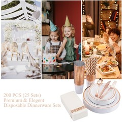 175PCS Rose Gold Dinnerware Set for 25 Guests, Rose Gold Rim Plastic Disposab…