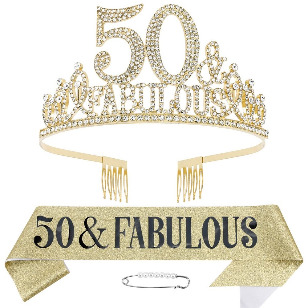 50th Birthday Decorations – Sash, Tiara & Crown for 2 piece Set, Gold