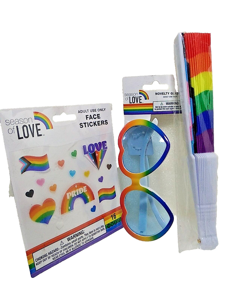 x3) LGBTQ «Pride» Accessories ~1ct Ea: Sunglasses + Face Stickers + Folding Fan