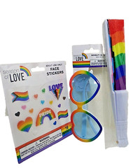x3) LGBTQ «Pride» Accessories ~1ct Ea: Sunglasses + Face Stickers + Folding Fan