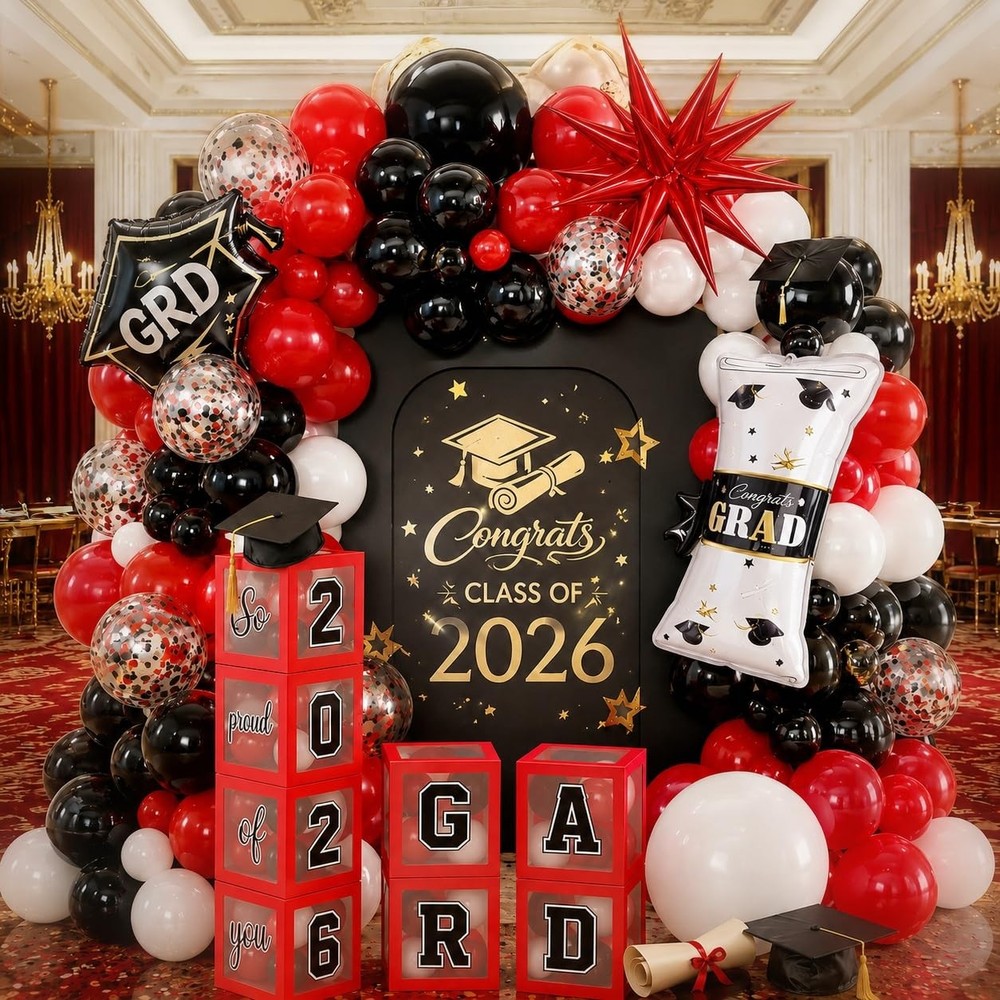 2026 Graduation Decorations Class of 2026 Red and Black Balloons Arch kit wit…