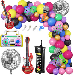 80s 90s Theme Party Decorations, 90Pcs Balloon Garland Kit 6PCS Disco Ball Radio