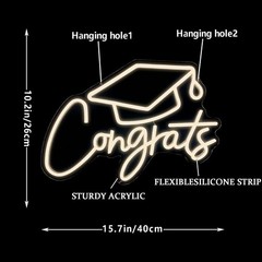 Congrats Grad Neon LED Sign Graduation Cap Warm White Adjustable brightness NIB