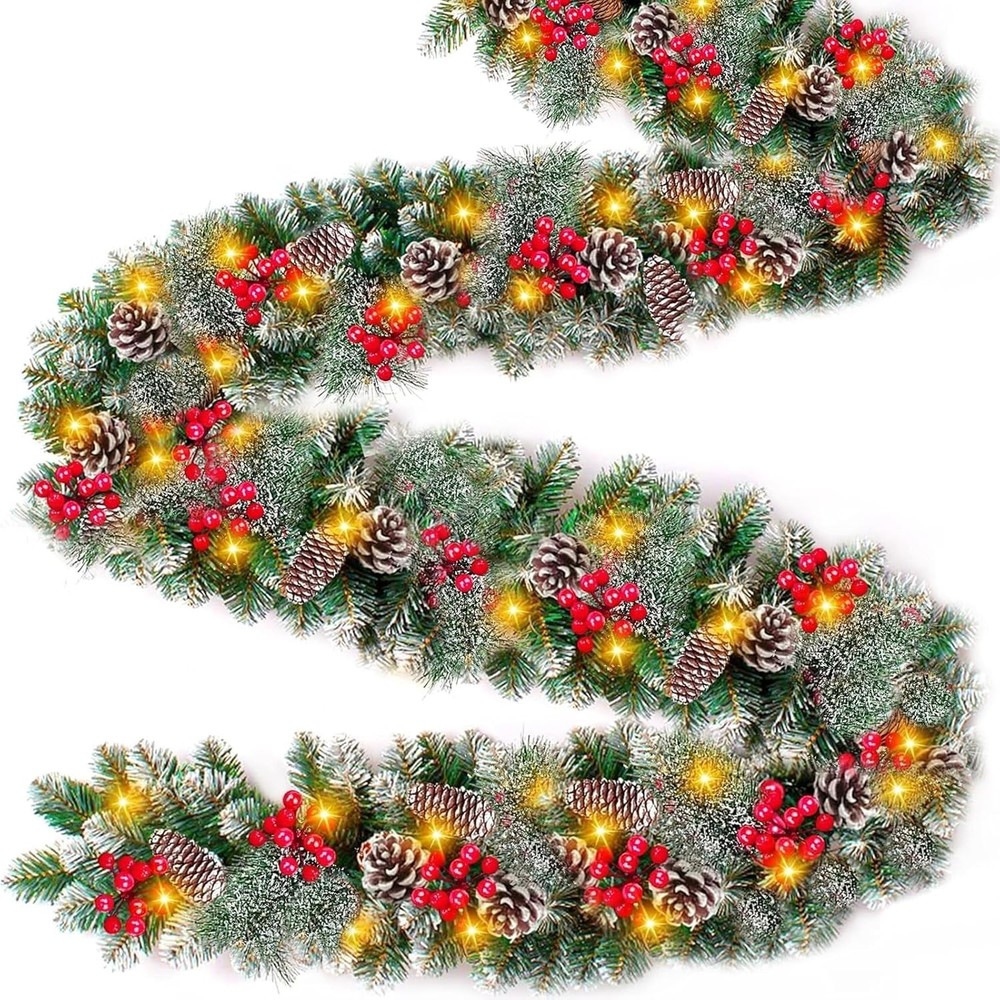 9 Ft Prelit Christmas Garland with Lights 8 Modes Timer 270 Branchs Cedar Snowy