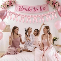 1-String Pink Bow Garland Banner, 8 Pre-Strung Double-Layer Ear Satin Ribbon