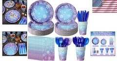 Paper Tableware Set 25 Pieces Blue Purple Snowflake Winter Holiday Party Supp…