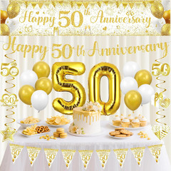 50Th Wedding Anniversary Decorations, White Gold Happy 50Th Anniversary Banner H