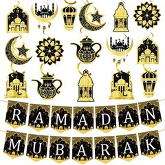 34 Pcs Ramadan Mubarak Banner Pre-Assembled Eid Mubarak Muslim Ramadan Decora…