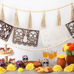 RoundFunny 3 Pack 23 ft Day of the Dead Garland Neutral Wood Bead Felt Dia De…
