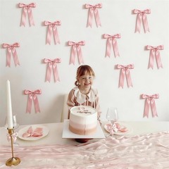 2 Strings Pink Bow Garland Banner Decorations, 16Pcs Pre-Strung Satin Ribbon