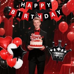 Red And Black Decorations for ,Fringe Curtains Happy Banner,Red balloons,Cake…