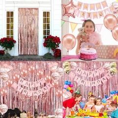 Rose Gold Happy Birthday Party Decor Banner Fringe Curtain Balloon Hanging Swirl