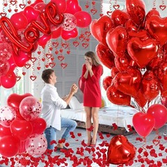 Red Valentines Day Decorations W/ Red Heart Balloons & Love Balloon Fake Rose