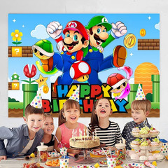 Mario Wall Decor Backdrop for Kids Birthday Decorations, Mario Banner for Birthd