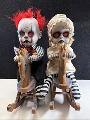 🎃Halloween Spooky Creepy 14” 2 Baby Clowns Doll On Rocking Horse Sings Light Up
