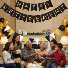 Happy Retirement Banner, Black and Gold 4.9 x 5.9 inches, gold