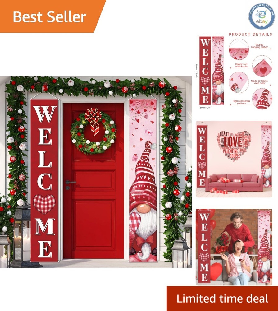 Set of 2 Pink Valentine Gnome Banners – Easy Install for Outdoor Celebrations