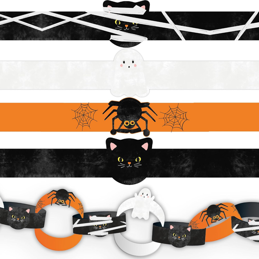100 X Paper Chains, 21Ft Halloween Paper Garland, Precut Spooky Prints with Cats