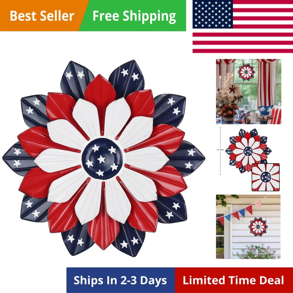 4th of July Decorations Outdoor, 11″ Red White and Blue Metal Flower Wall Art…