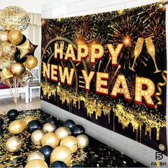 Black and Gold Happy New Year Banner – XtraLarge, 72×44 Inch | Black, gold