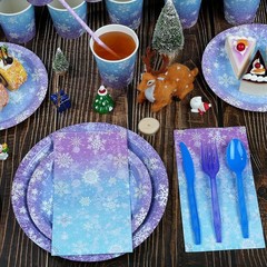 Paper Tableware Set 25 Pieces Blue Purple Snowflake Winter Holiday Party Supp…