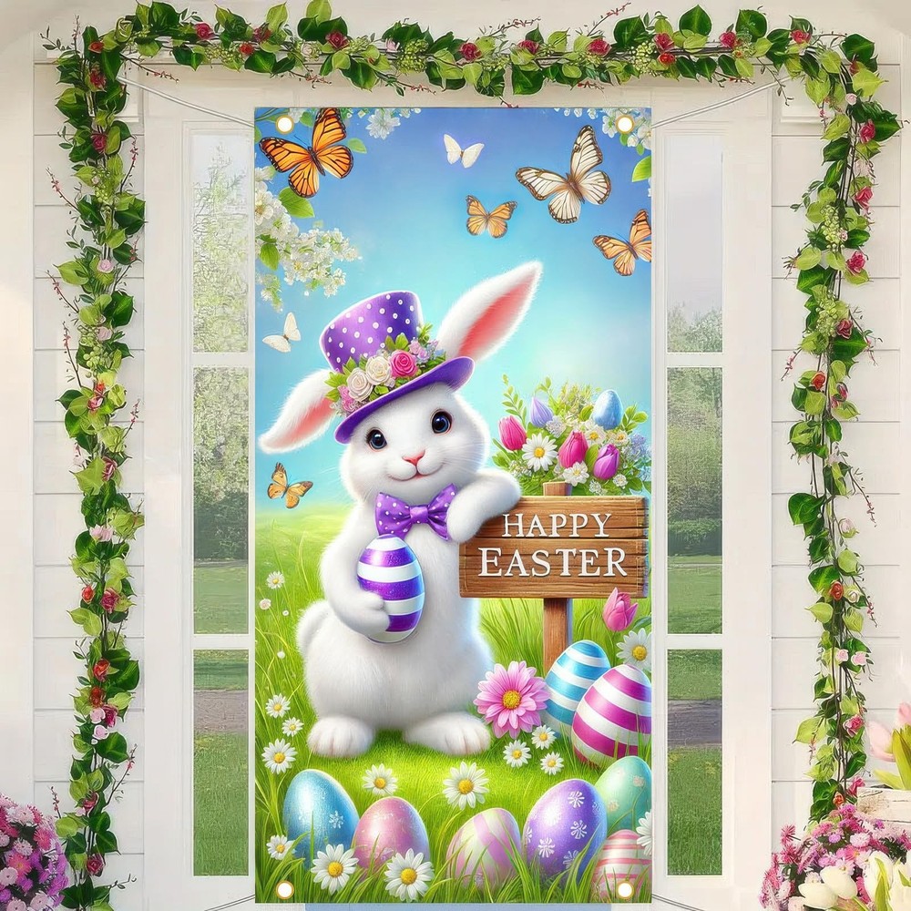 Happy Easter Decorations Colorful Eggs Flowers Bunny Door Cover Banner 71″x35″