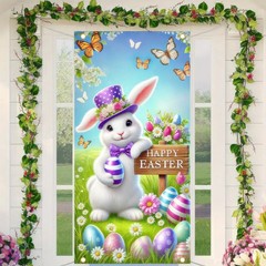 Happy Easter Decorations Colorful Eggs Flowers Bunny Door Cover Banner 71″x35″