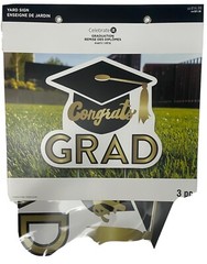 “Congrats Grad” Graduation Yard Sign With Stakes Star Black White & Gold 14”x13”