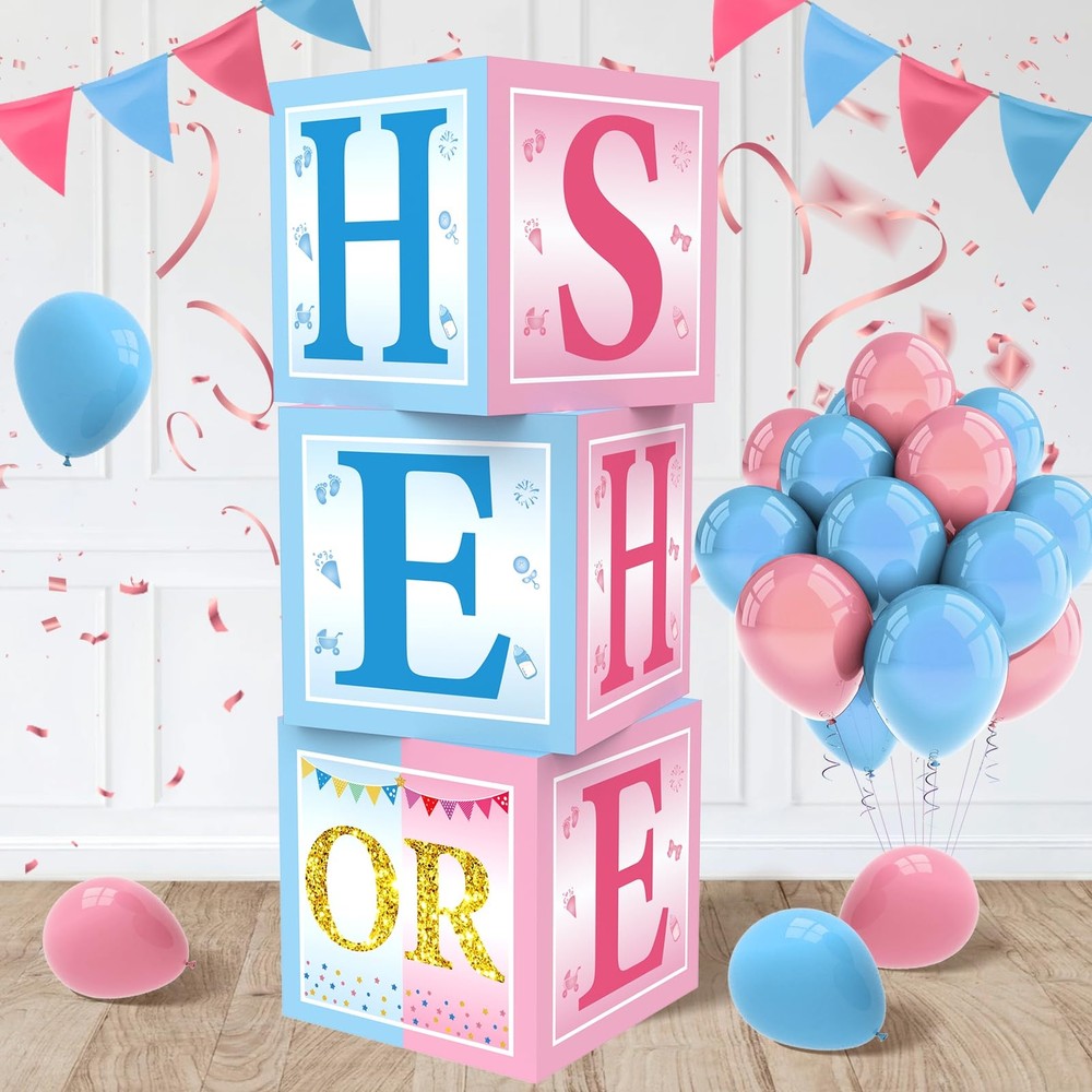 3pcs Gender Reveal Decorations Baby Boxes, Blue Pink He or She Gender Reveal …