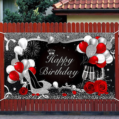 Silver and Black Happy Birthday Backdrop Happy Birthday Banner Red Large Sequin
