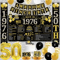 50th Birthday Party Decorations, Black Gold Backdrop, Balloons, Sash & Banners,