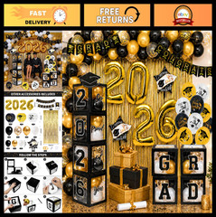 89PCS Black & Gold Graduation Party Decorations – Balloons, Boxes, Backdrop & Mo
