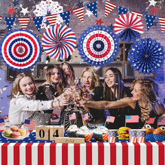 9PCS 4Th Of July Decorations Red White And Blue Paper Fans USA Pennant Bunting